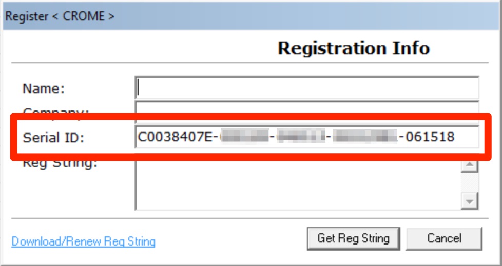 screenshot of CROME registration dialog